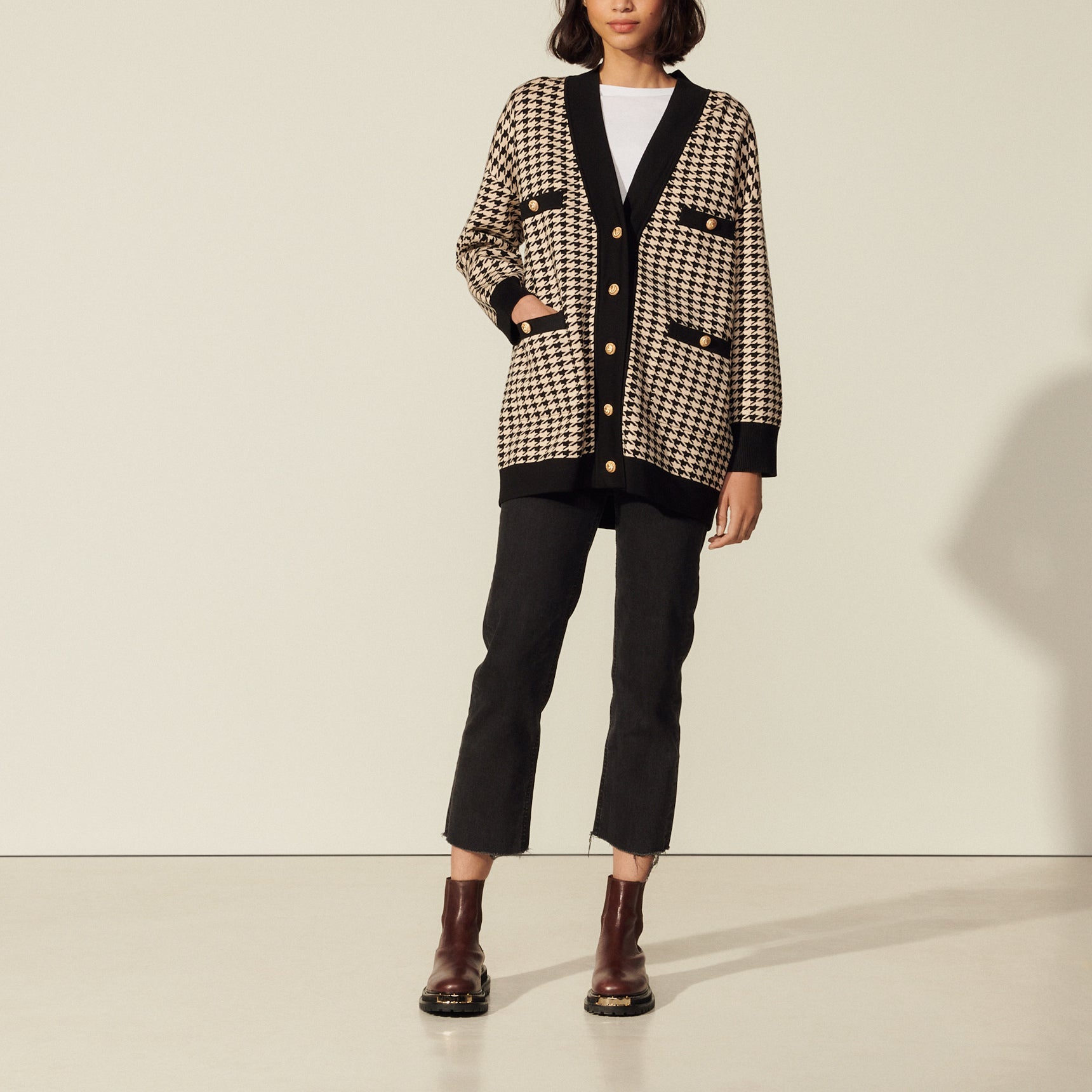 Cardi-coat à motifs pied de coq Sandro seconde main