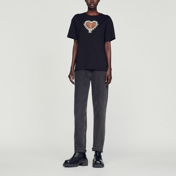 Tee-shirt en coton bio à cœur strassé Sandro seconde main