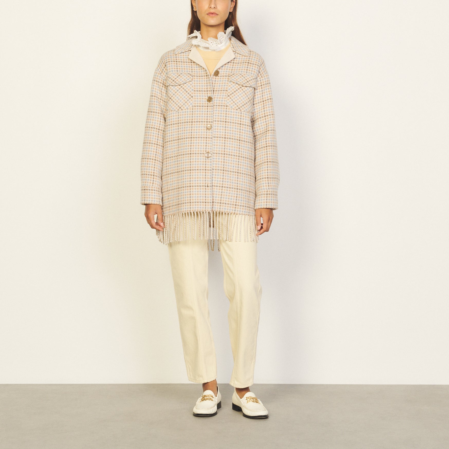 Manteau sur Chemise frangé en laine Sandro seconde main