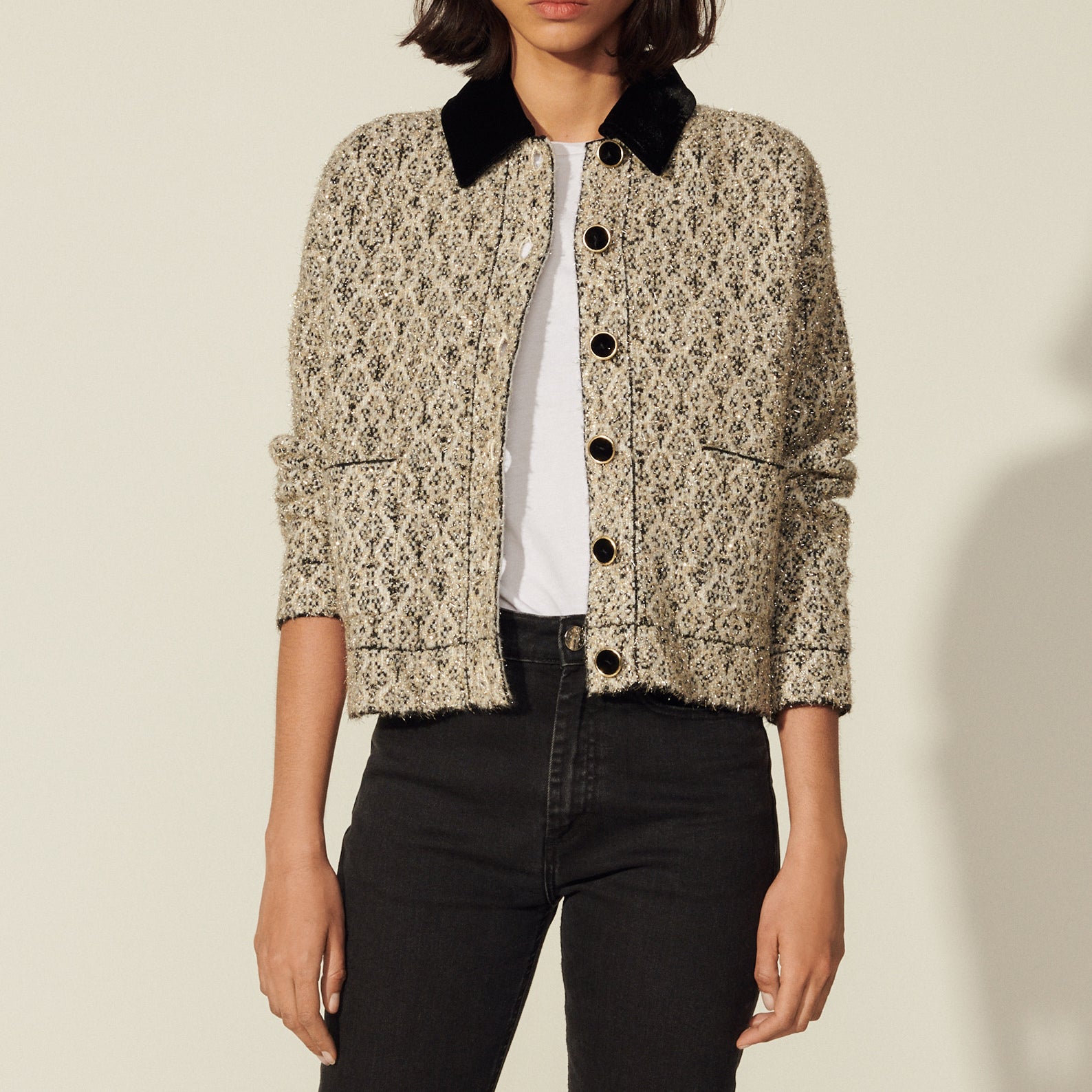Blouson en tweed lurex et col contrasté Sandro seconde main