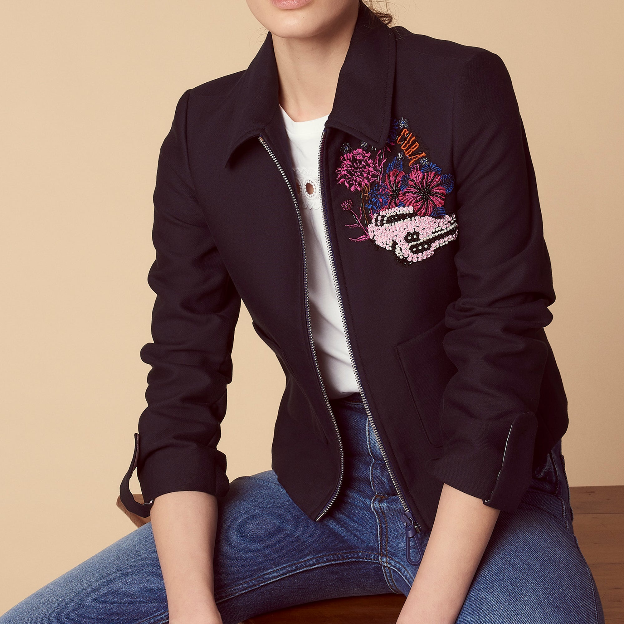 Veste zippée broderie inspiration Cuba Sandro seconde main