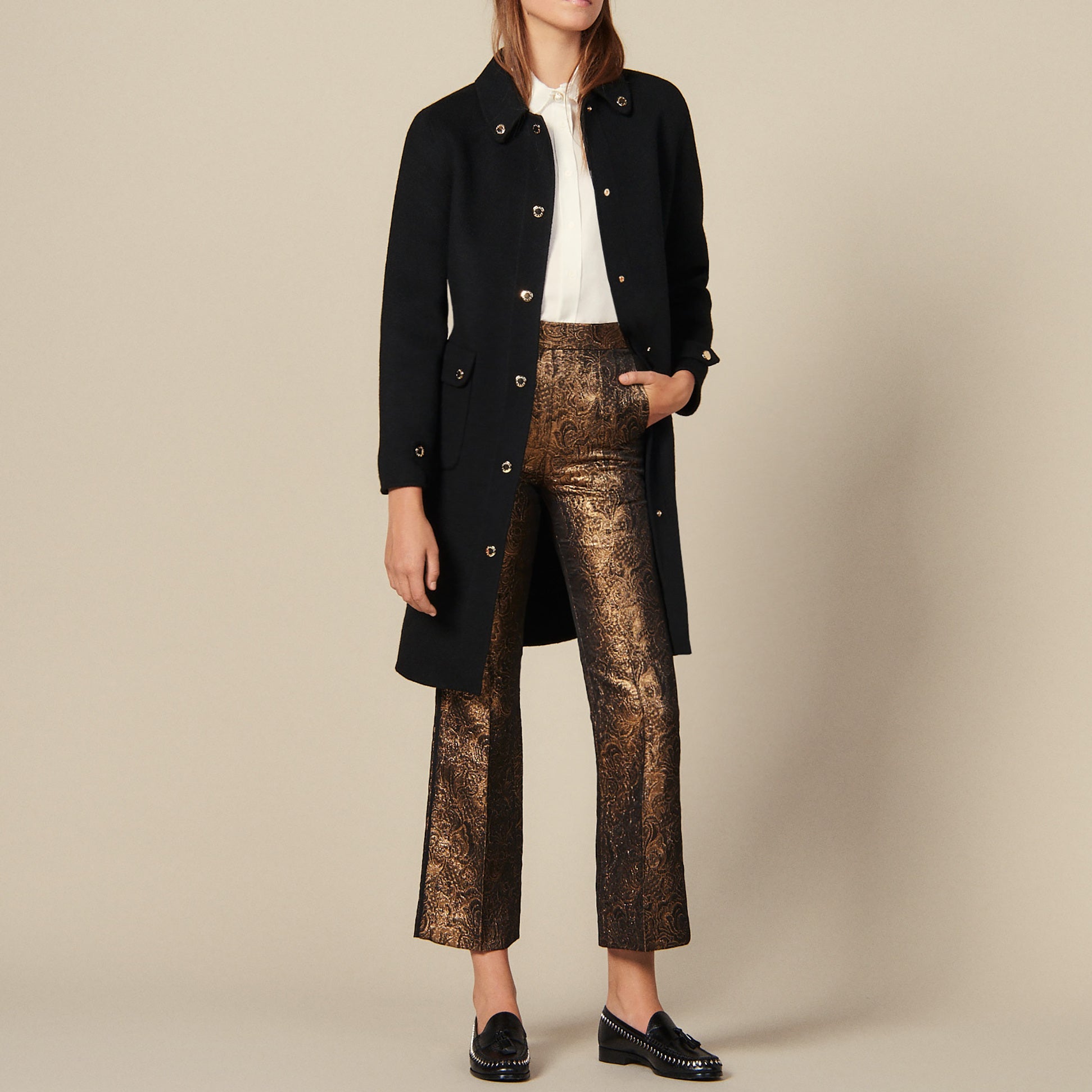 Pantalon de tailleur évasé en brocard Sandro seconde main