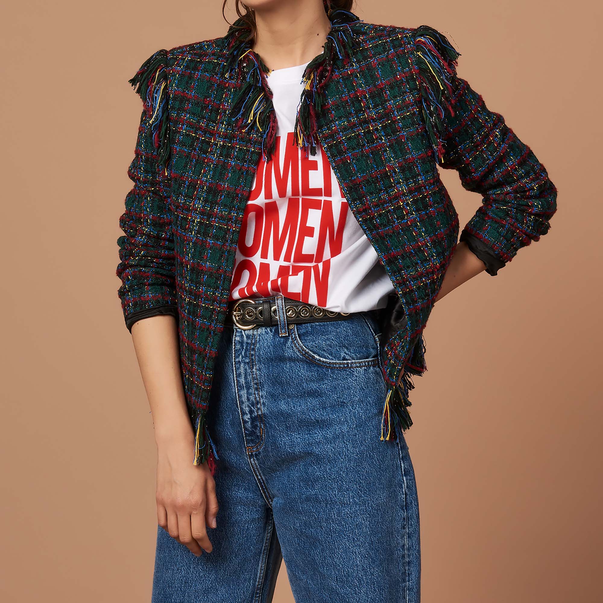 Veste à carreaux en tweed frangé Sandro seconde main