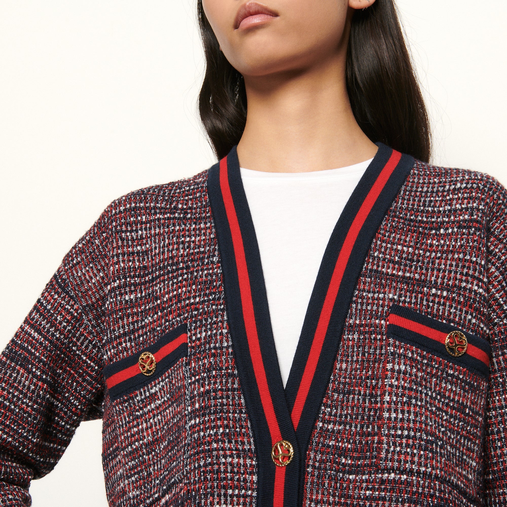 Cardigan effet tweed à galons rayés Sandro seconde main