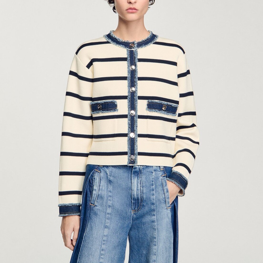 Cardigan rayé à détails denim Sandro seconde main