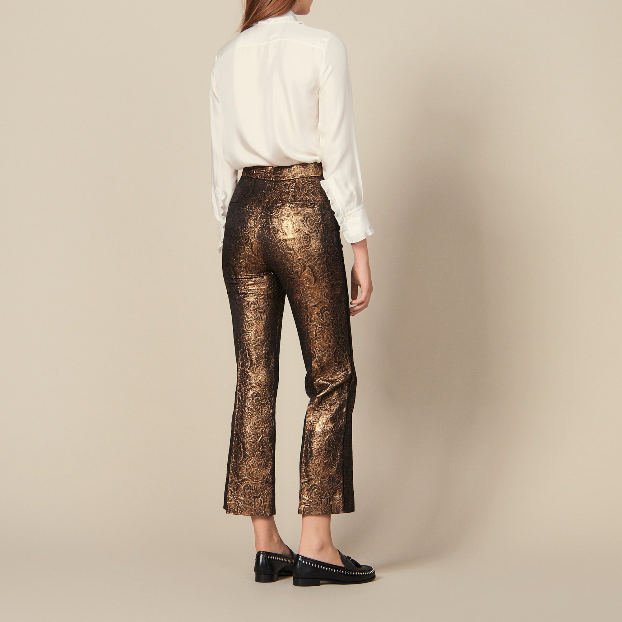 Pantalon de tailleur évasé en brocard Sandro seconde main