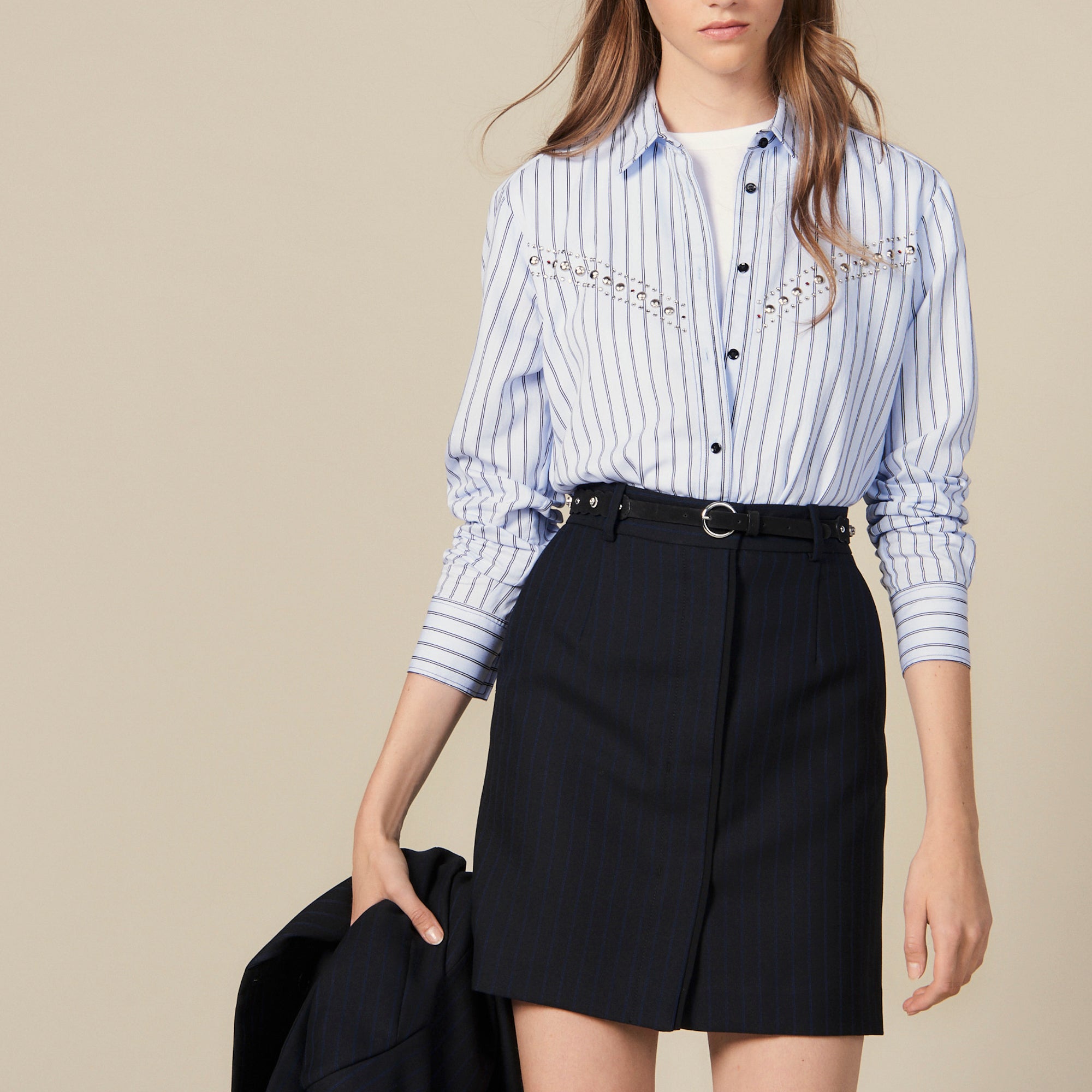 Jupe courte de tailleur à fines rayures Sandro seconde main