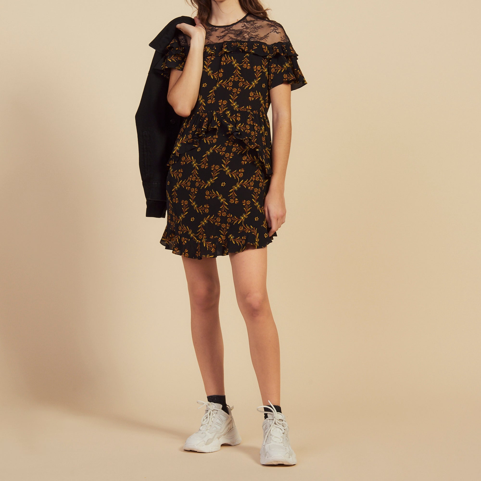 Robe courte imprimée avec dentelle Sandro seconde main