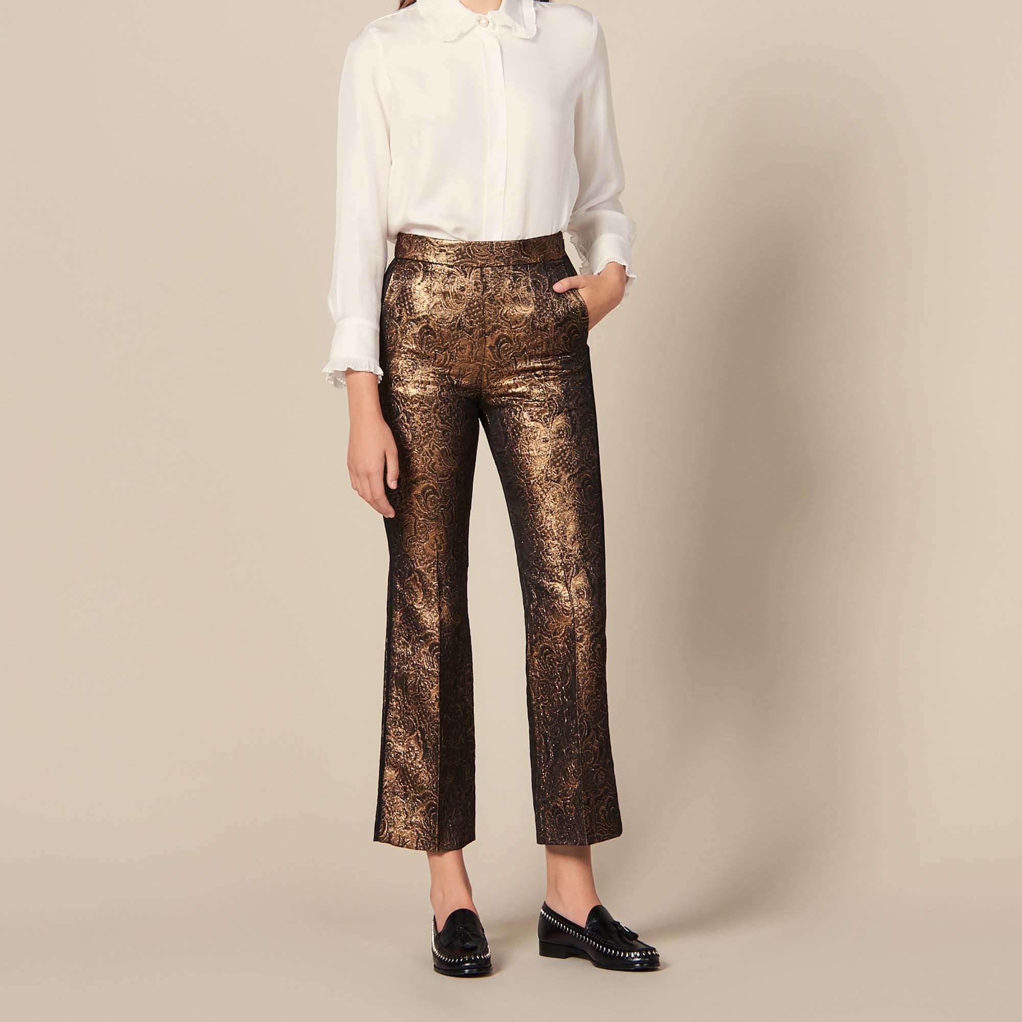 Pantalon de tailleur évasé en brocard Sandro seconde main