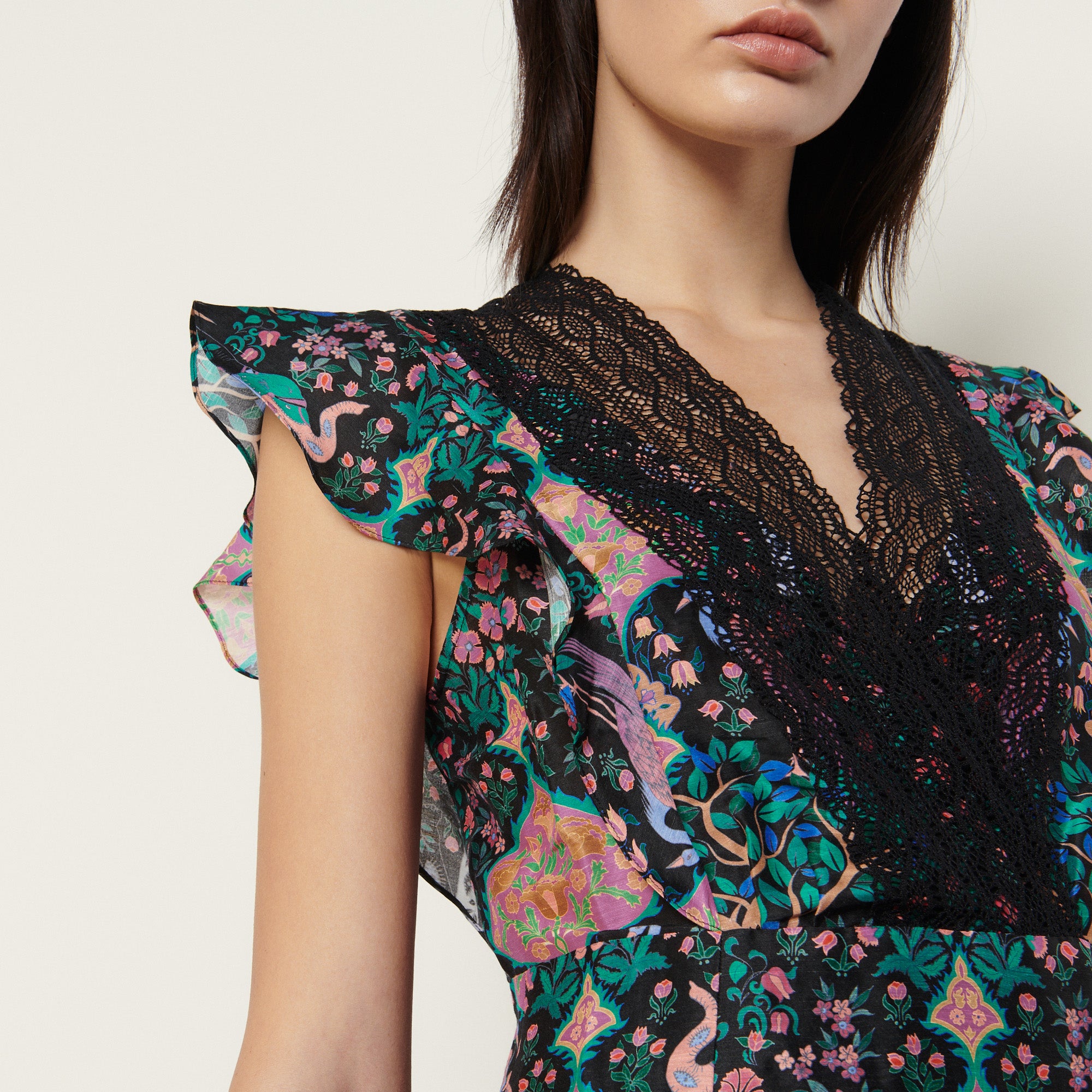 Robe courte imprimée avec dentelle Sandro seconde main