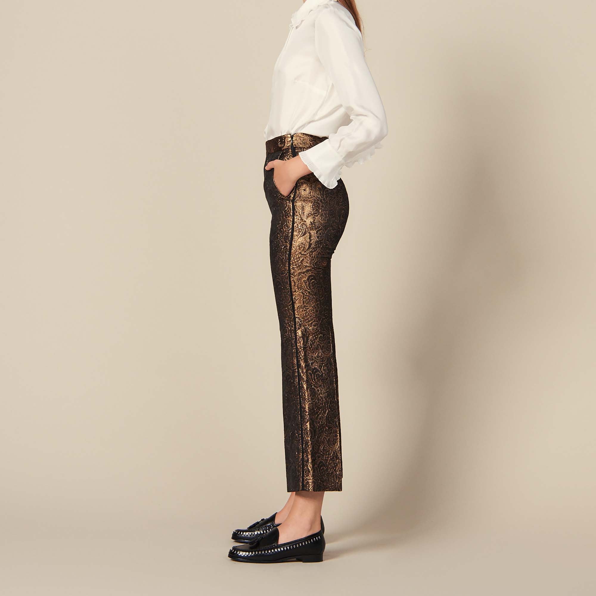 Pantalon de tailleur évasé en brocard Sandro seconde main