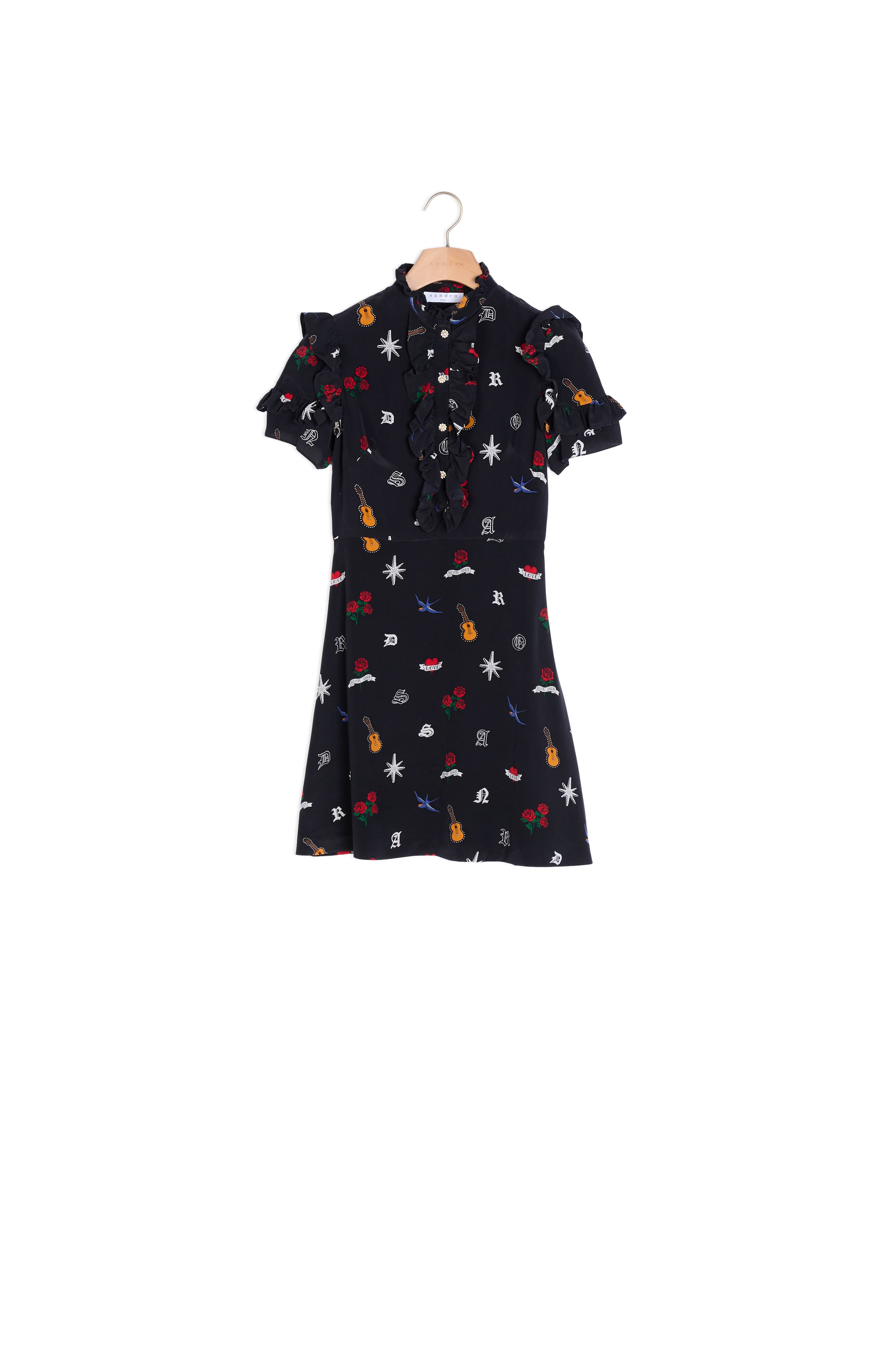 Robe en soie imprimée boutons strassés Sandro seconde main