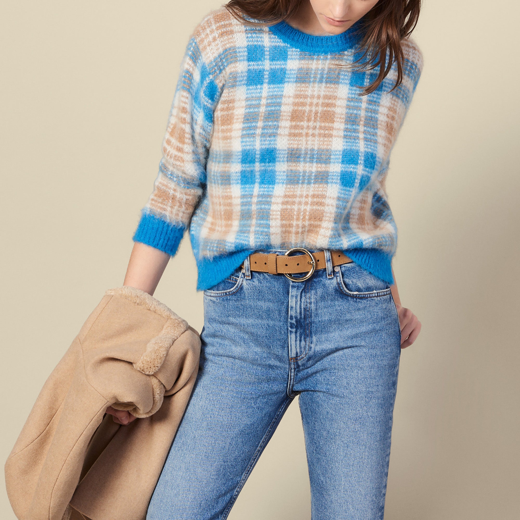 Pull effet poilu en jacquard carreaux Sandro seconde main