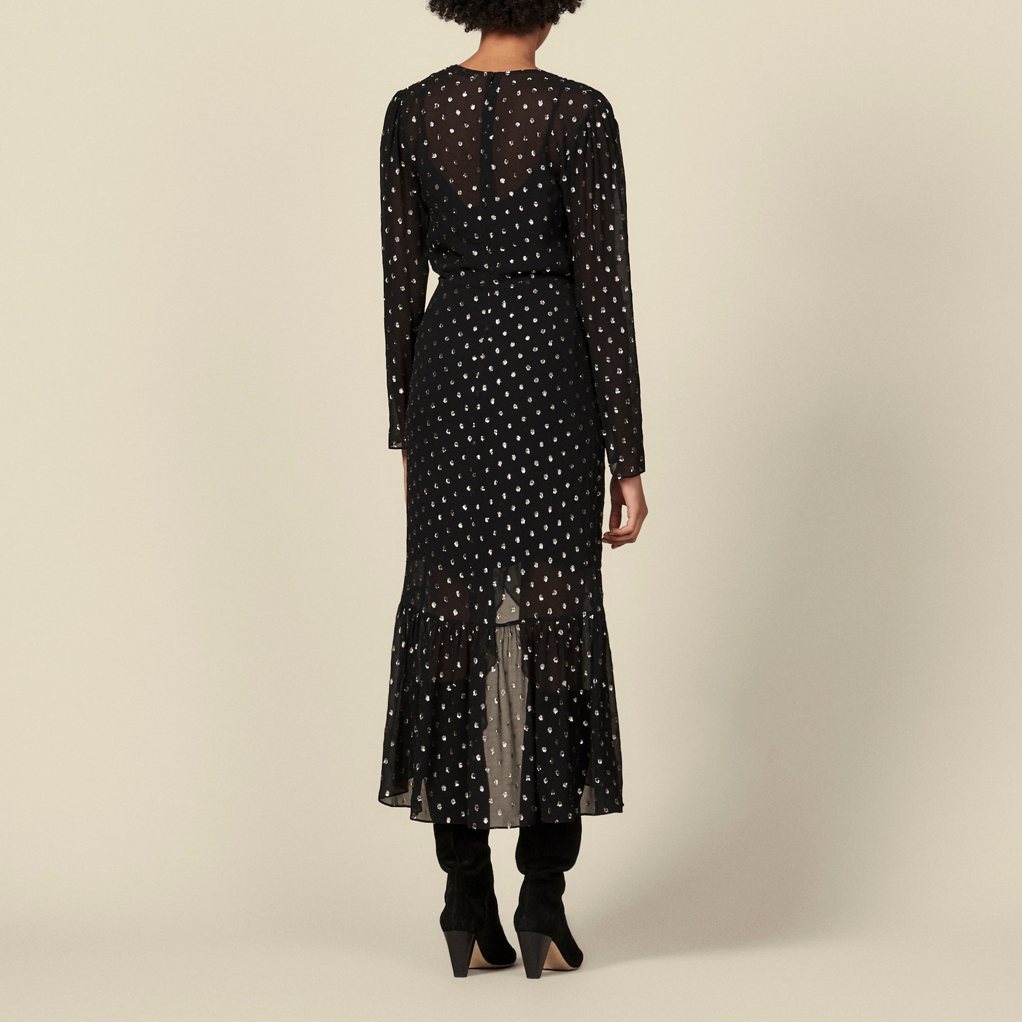 Robe longue à volants et pois lurex Sandro seconde main