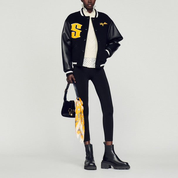 Blouson teddy en laine et cuir Sandro seconde main