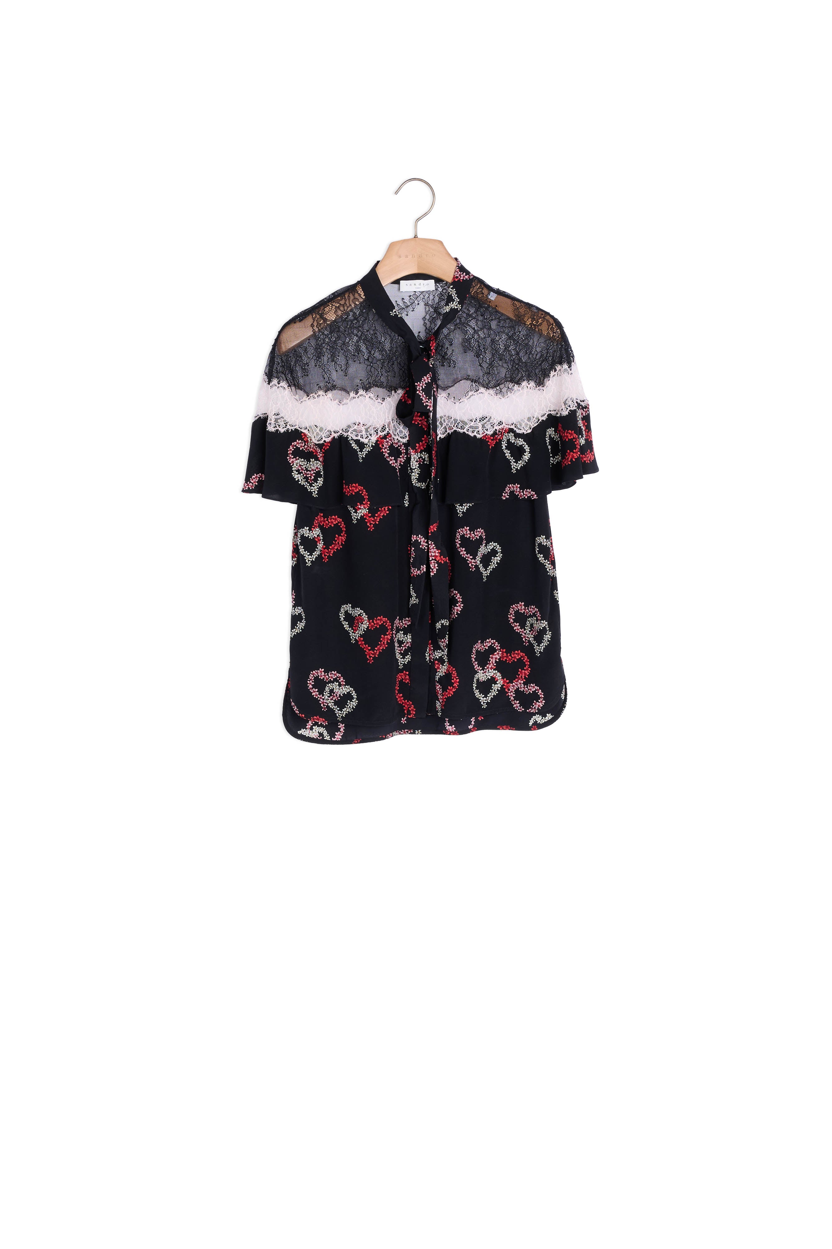 Chemise en soie motifs cœurs et dentelle Sandro seconde main
