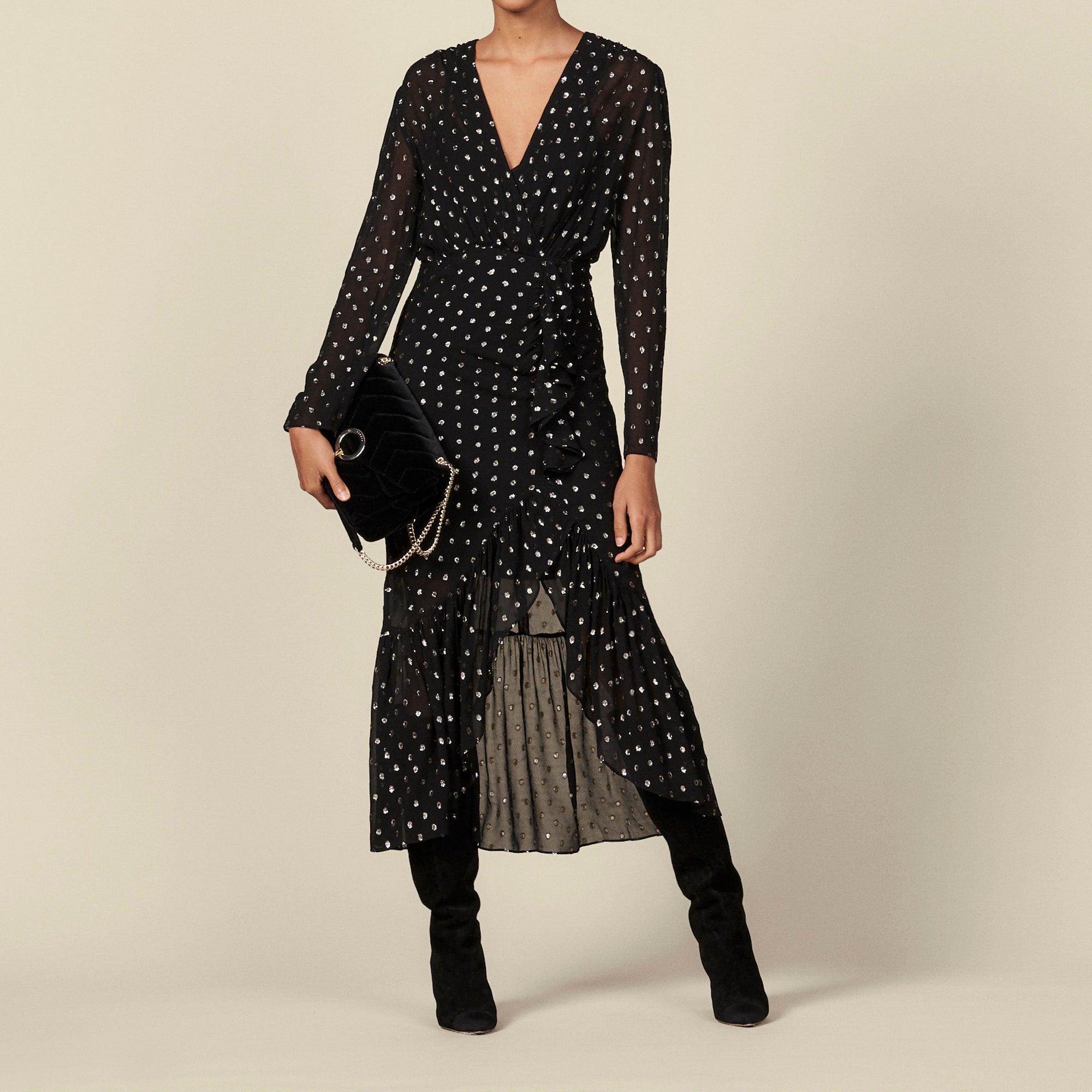 Robe longue à volants et pois lurex Sandro seconde main