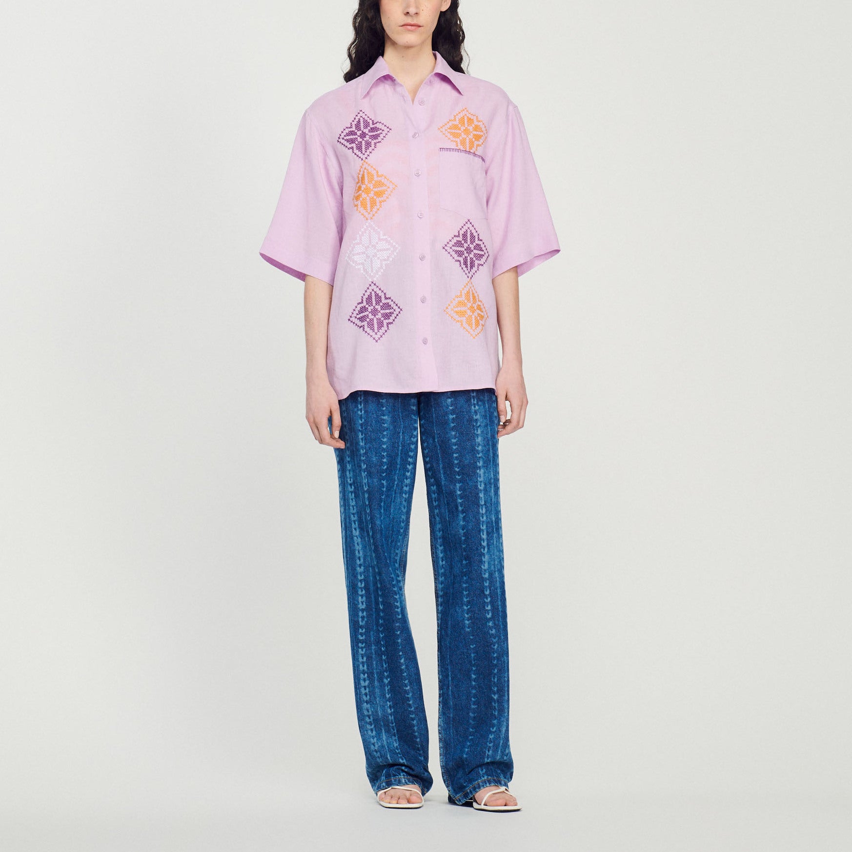 Chemise oversize en lin brodé Sandro seconde main