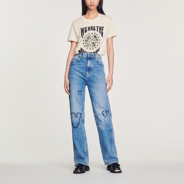 Jean droit à broderies cœurs Sandro seconde main