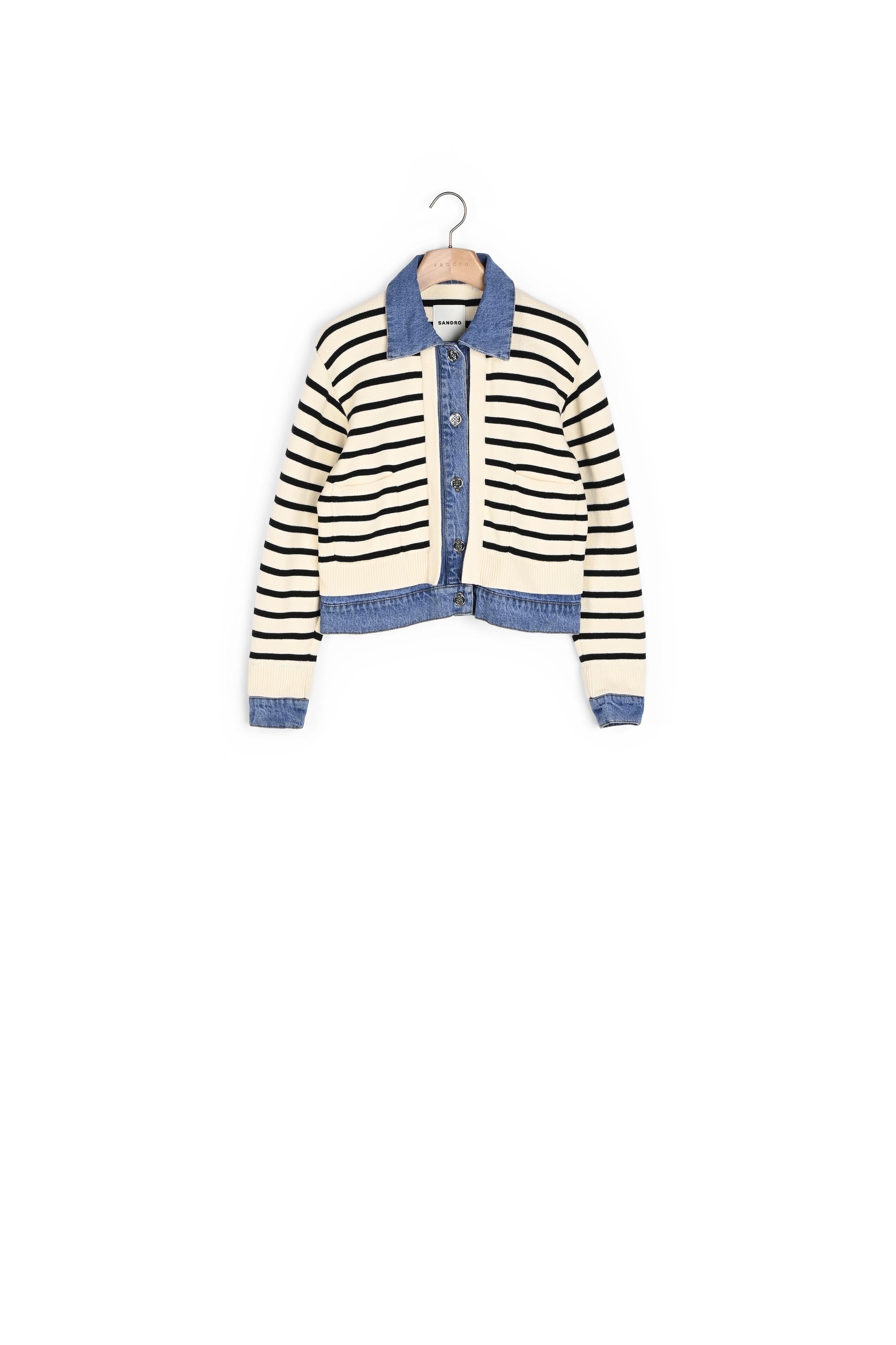 Cardicoat en Maille rayée et denim Sandro seconde main
