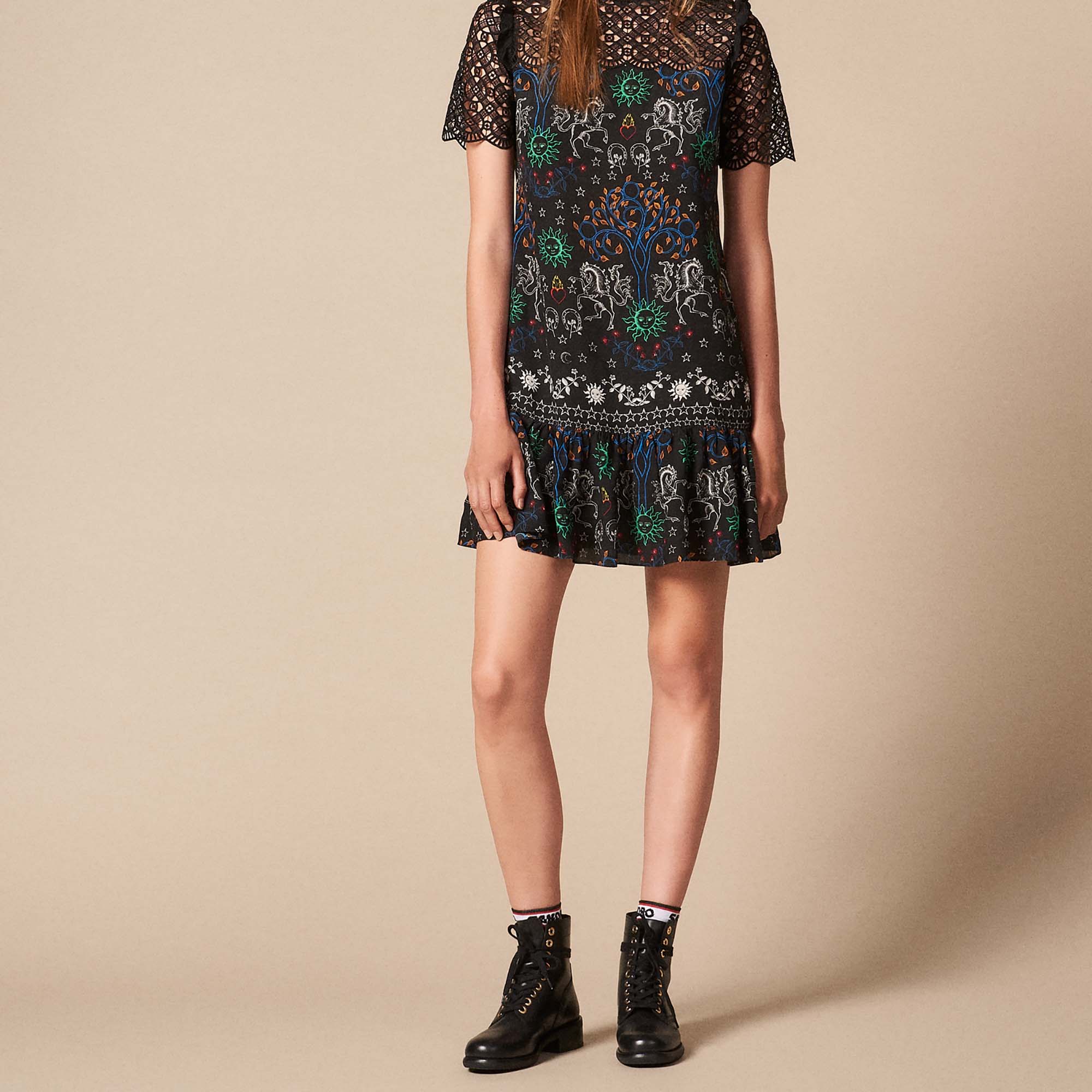 Robe courte imprimée avec dentelle Sandro seconde main