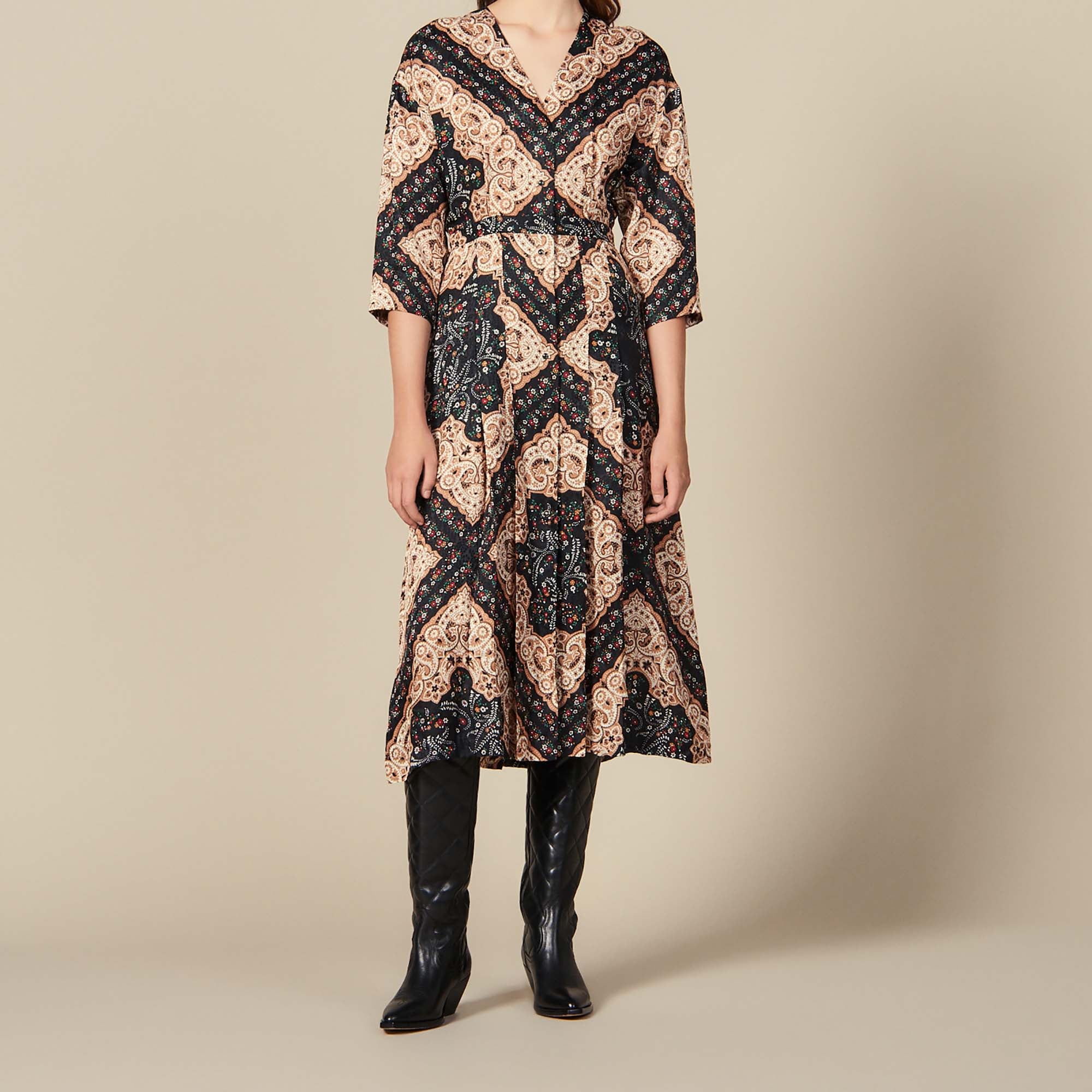 Robe midi décolletée en imprimé placé Sandro seconde main