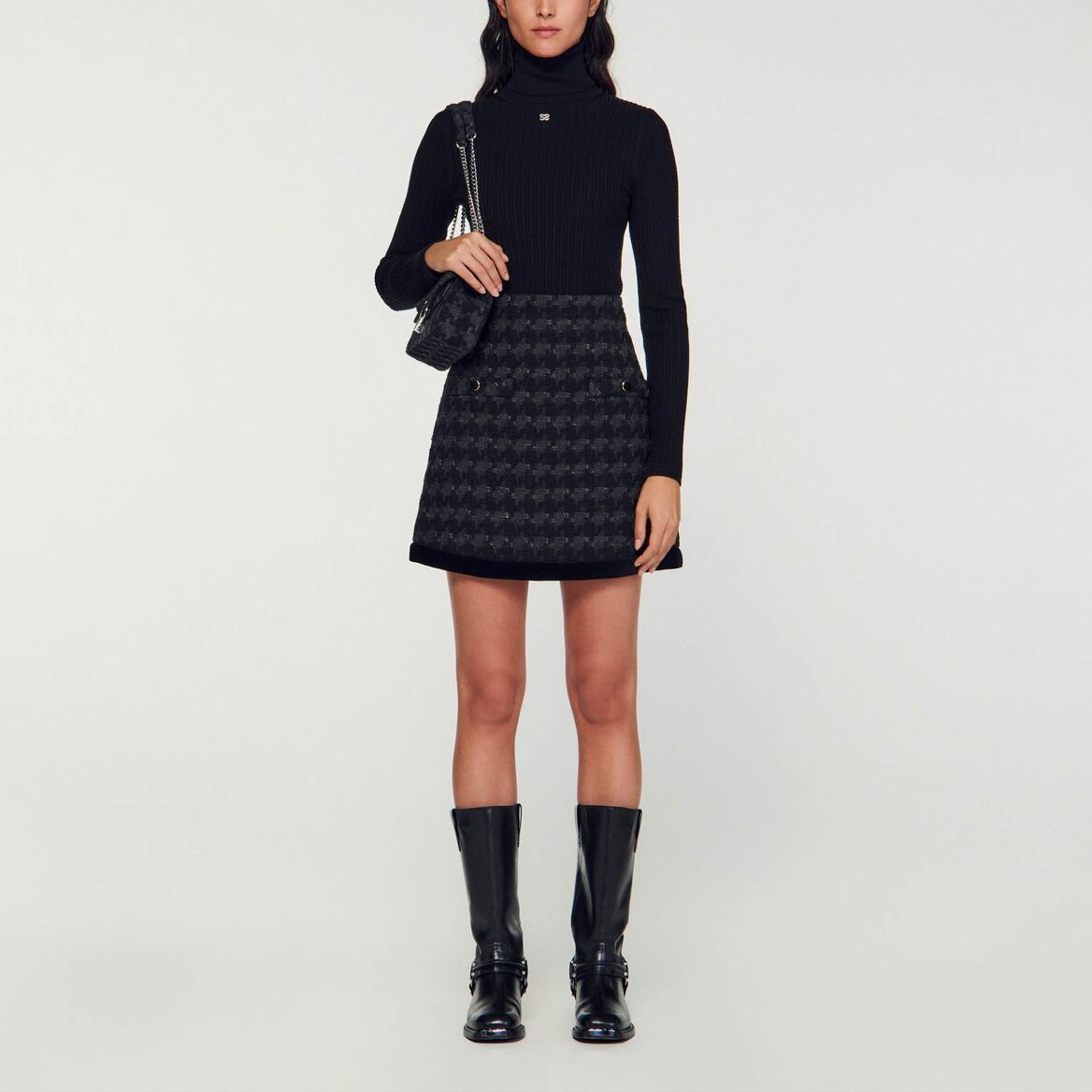 Jupe courte en tweed pied-de-coq Sandro seconde main