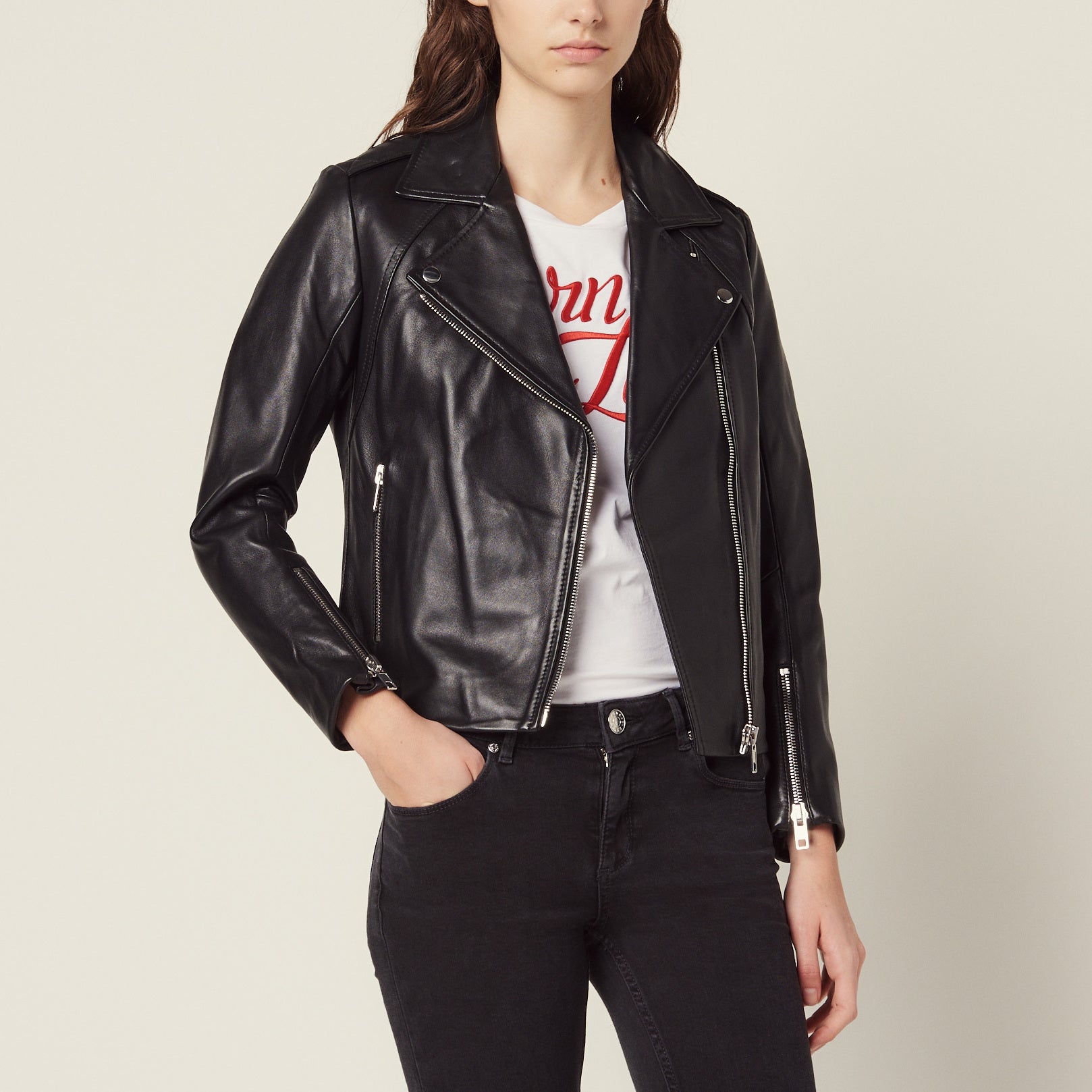 Blouson biker en cuir Sandro seconde main