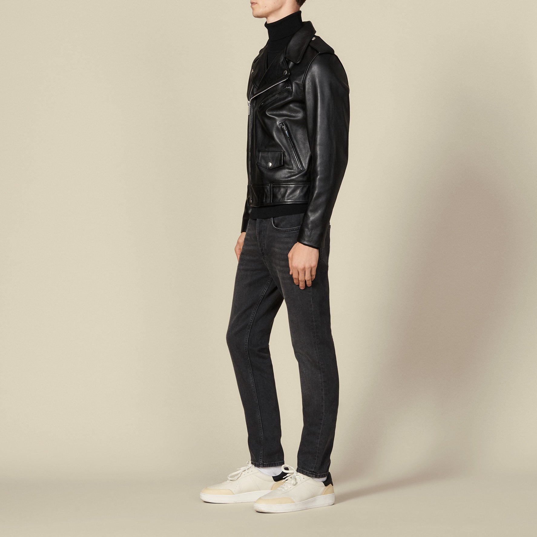 Blouson biker en cuir Sandro seconde main