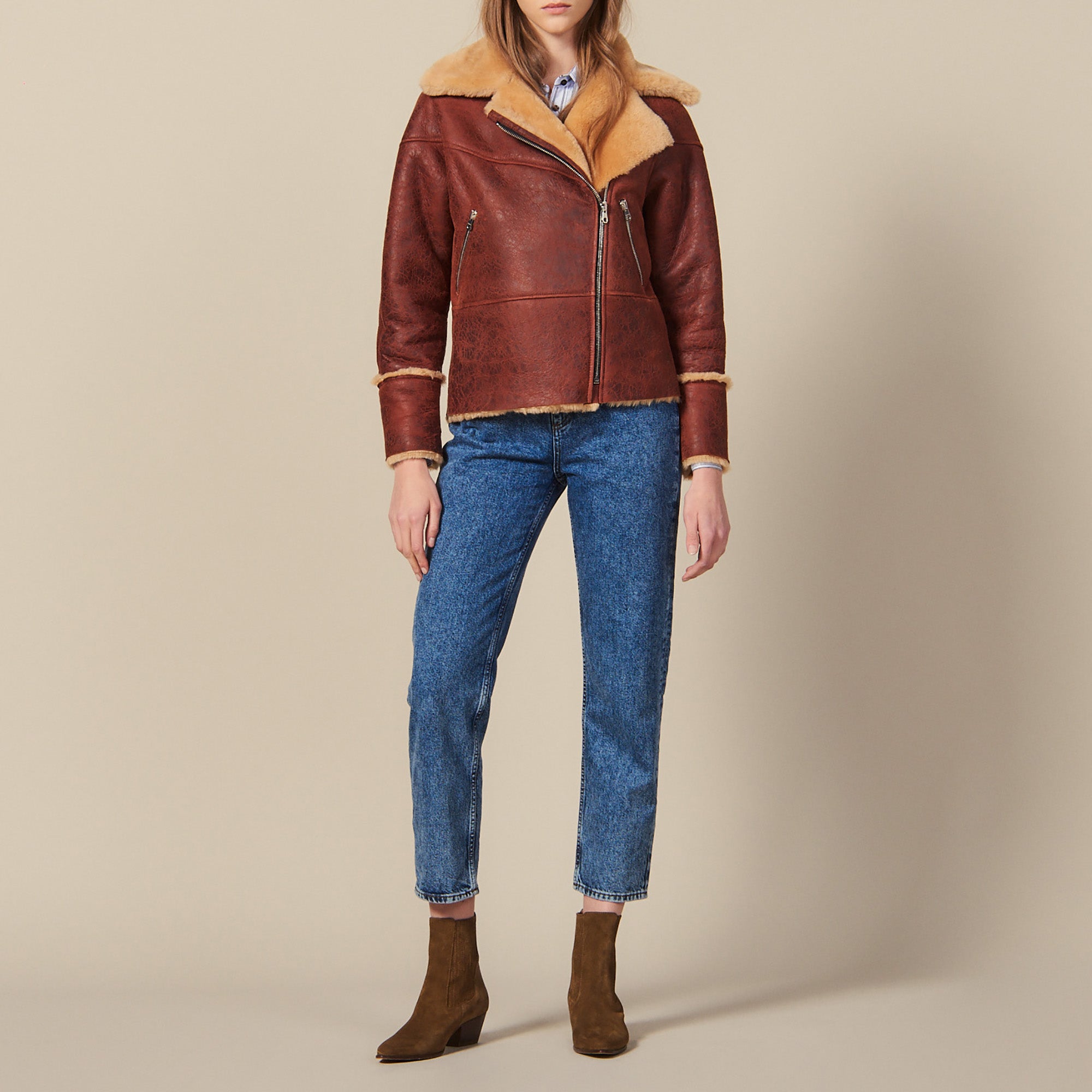 Bombardier en peau lainée bicolore Sandro seconde main