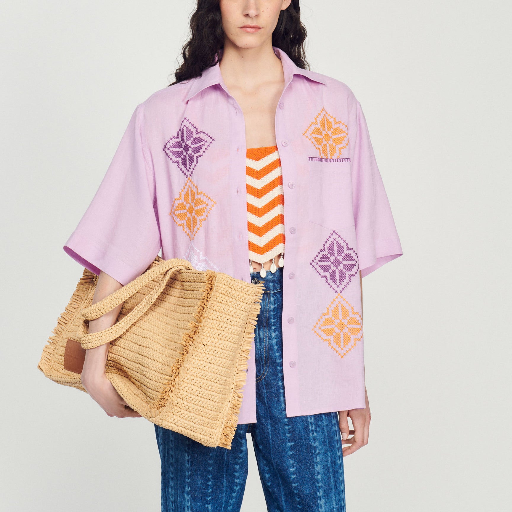 Chemise oversize en lin brodé Sandro seconde main