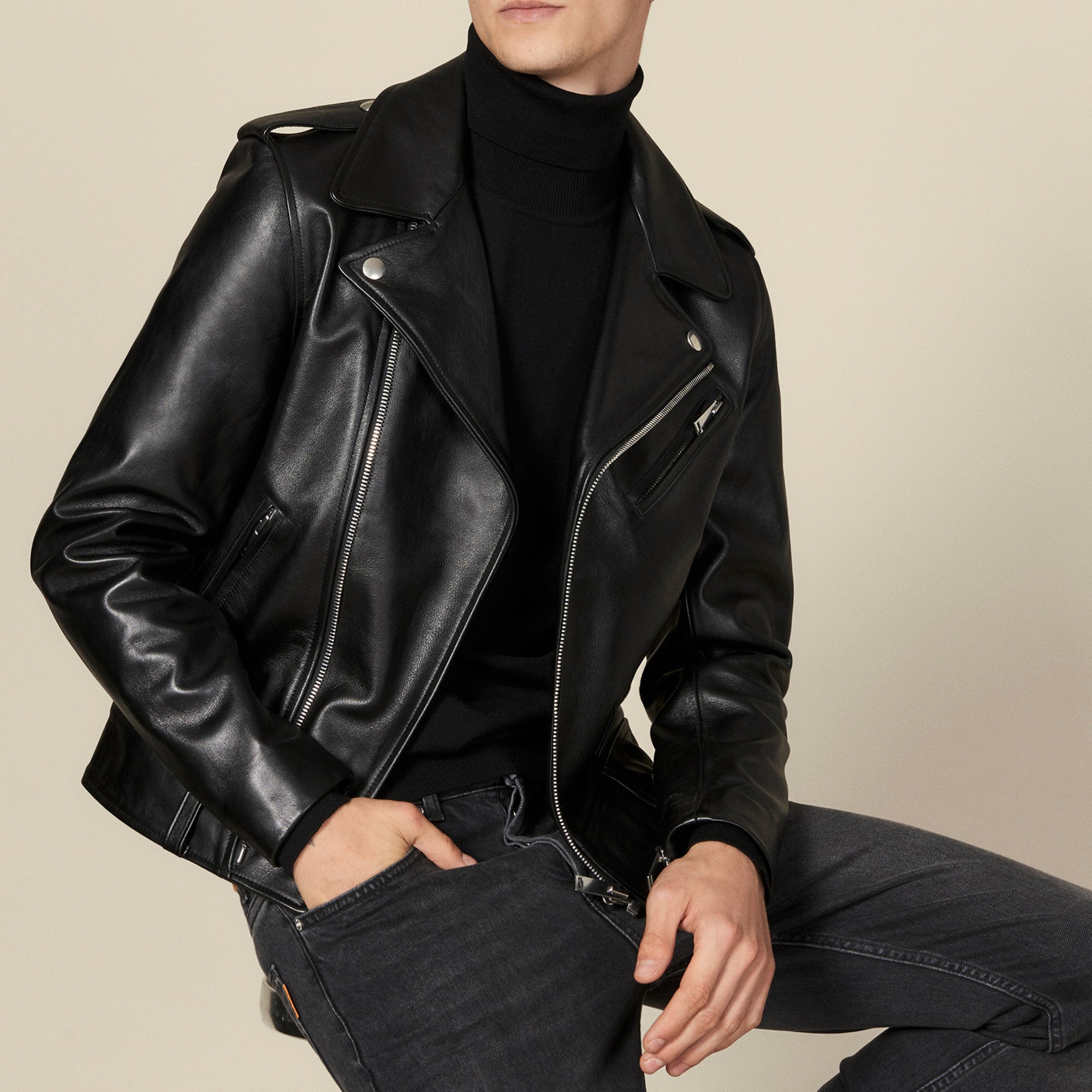 Blouson biker en cuir Sandro seconde main
