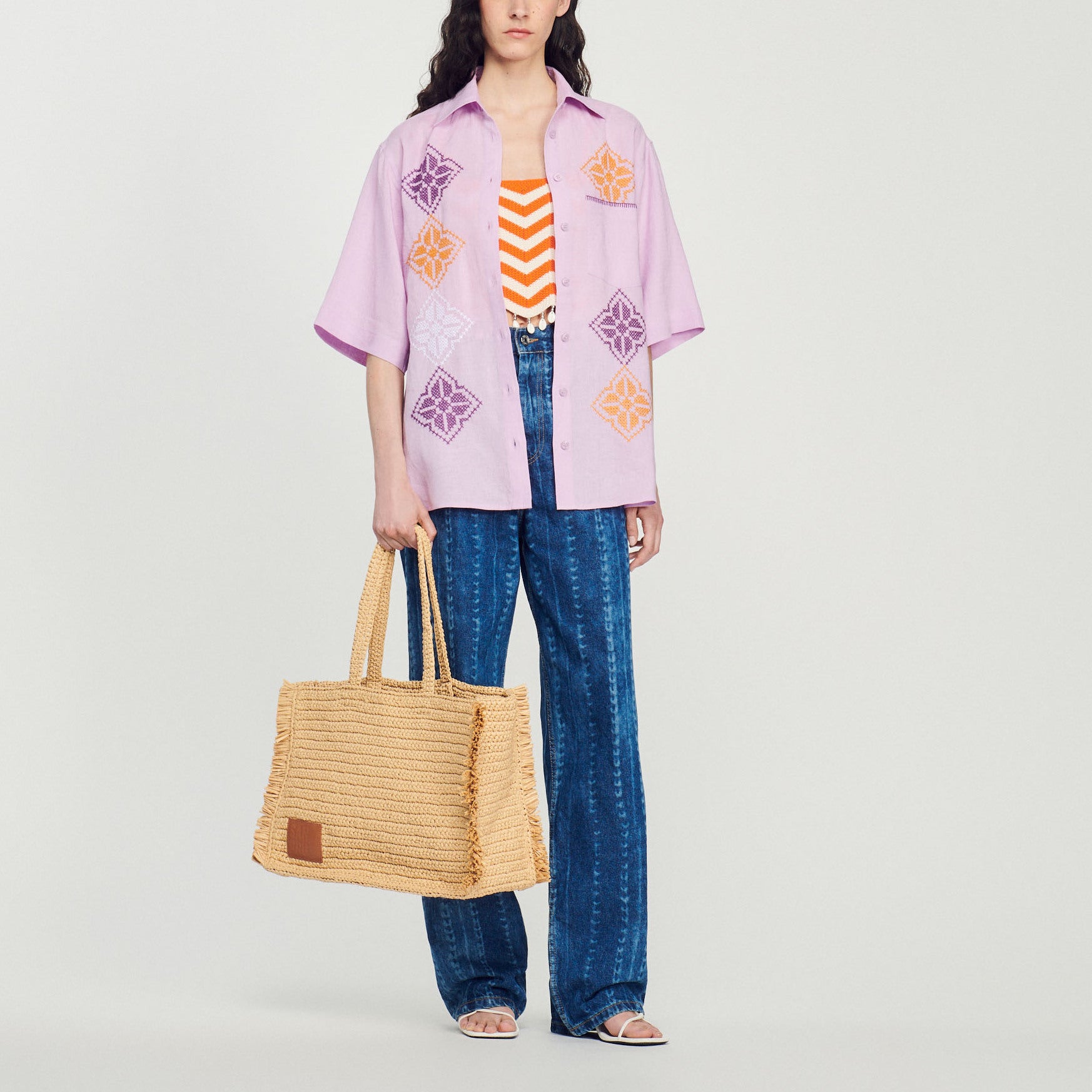 Chemise oversize en lin brodé Sandro seconde main