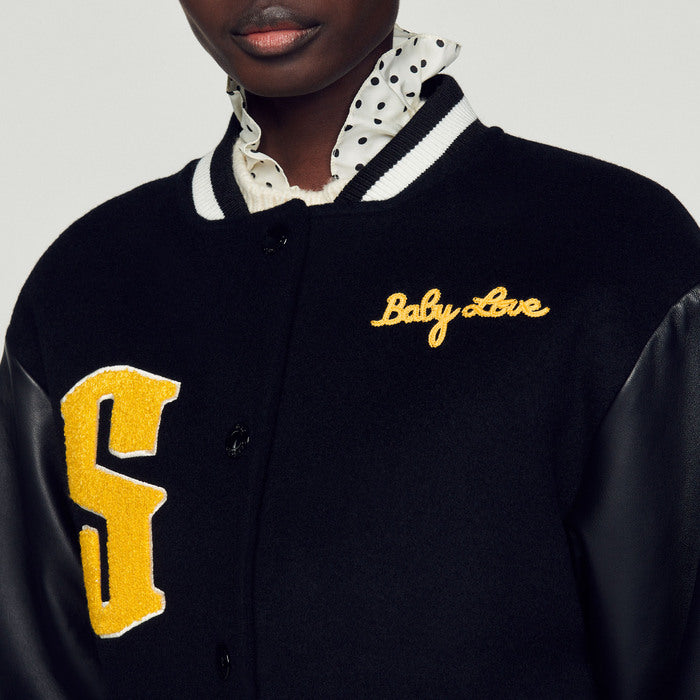 Blouson teddy en laine et cuir Sandro seconde main