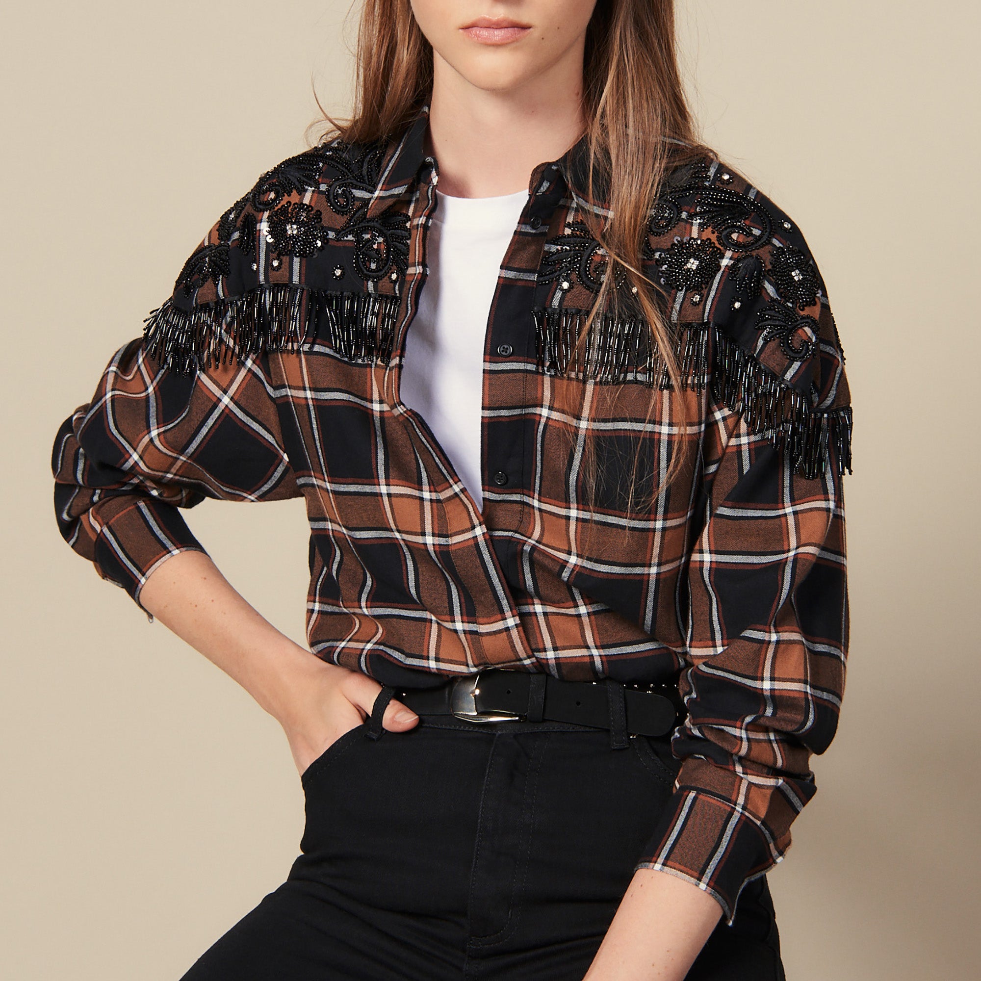 Chemise à carreaux et broderies western Sandro seconde main