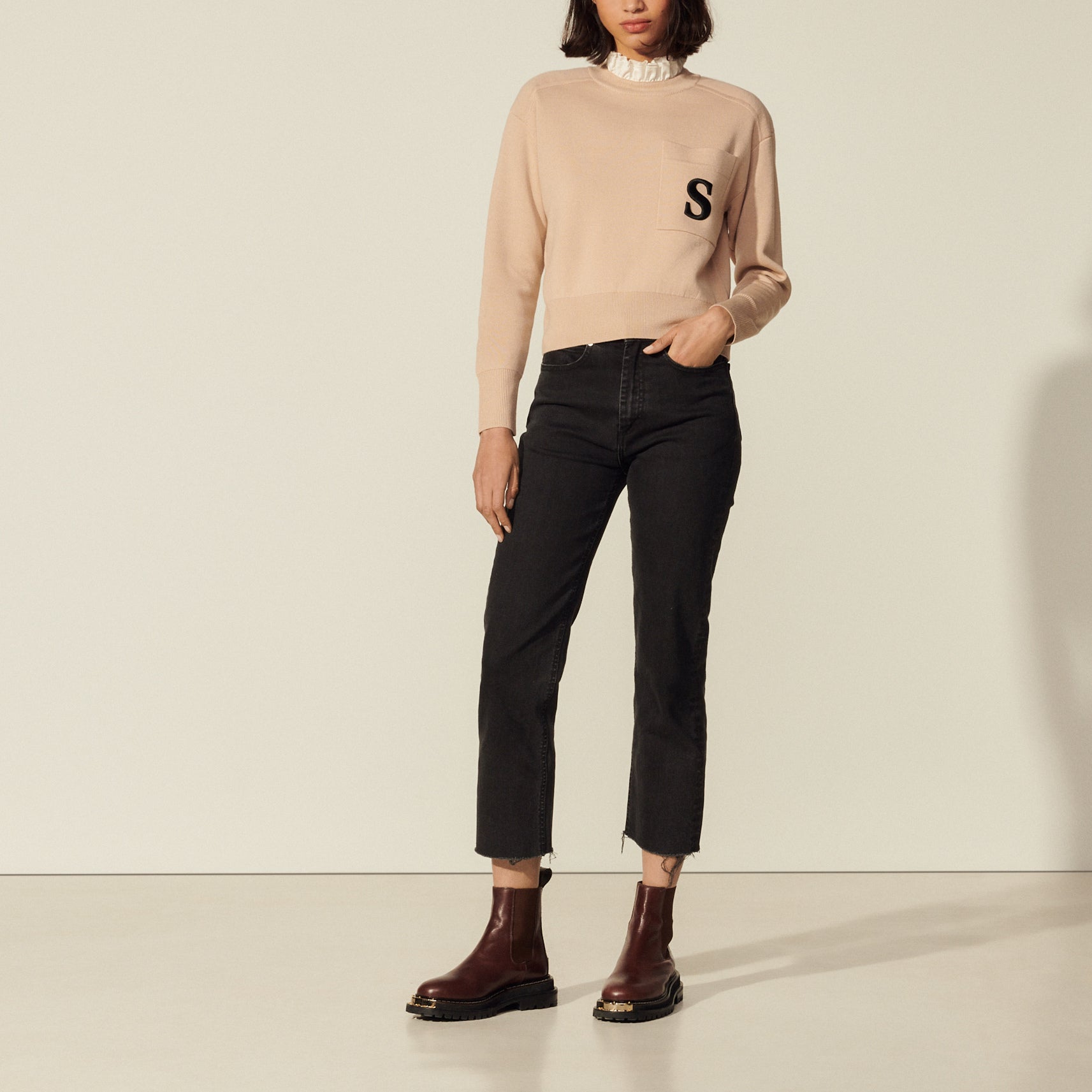 Pull à col volanté contrasté Sandro seconde main