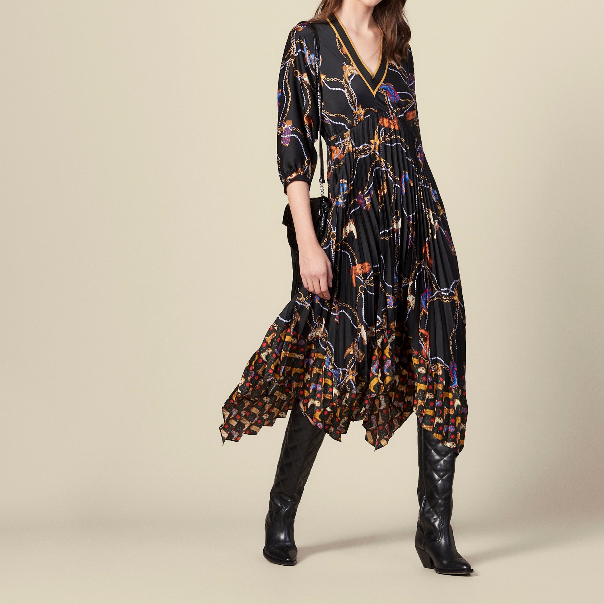 Robe longue en imprimé à jupe plissée Sandro seconde main