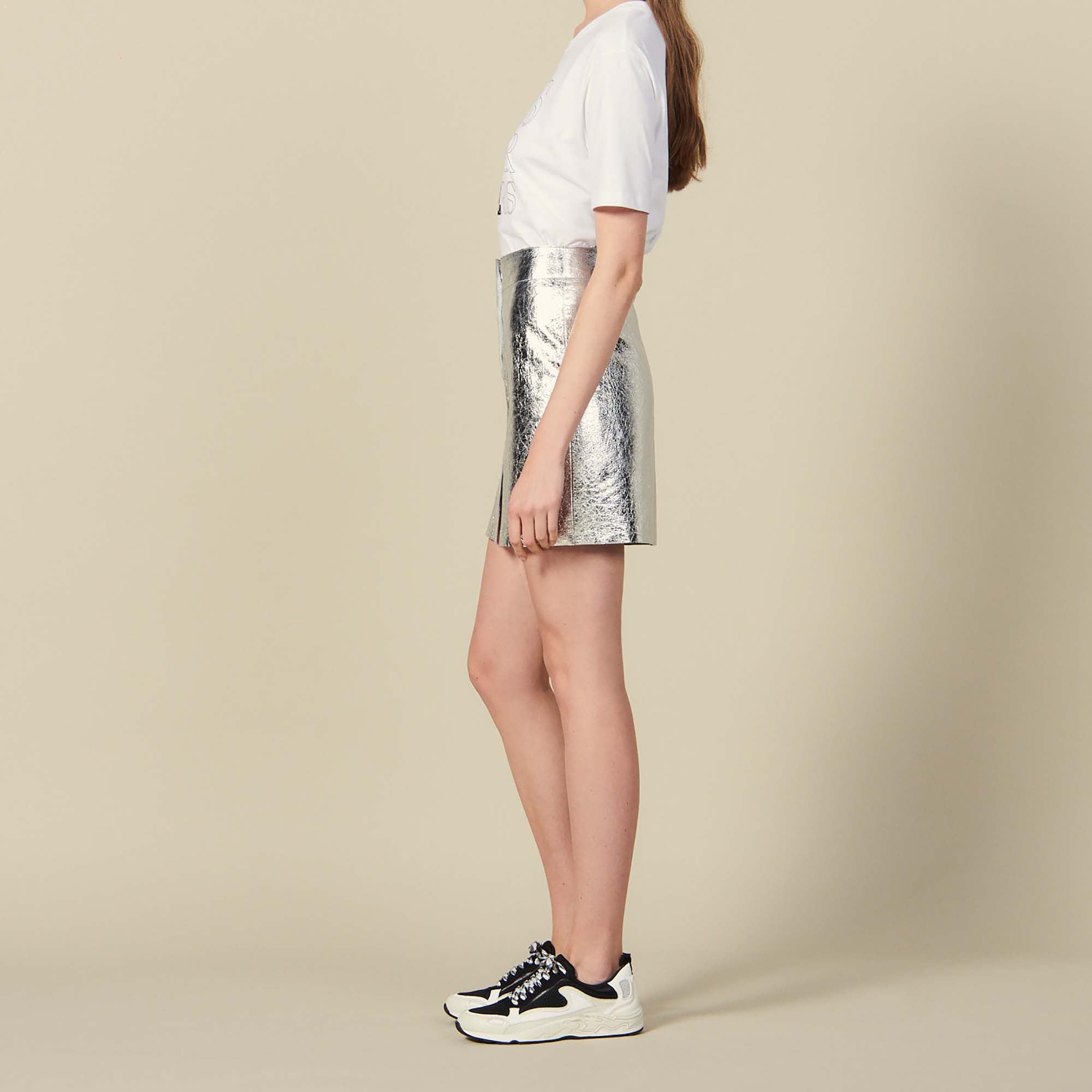 Jupe courte en cuir argenté Sandro seconde main