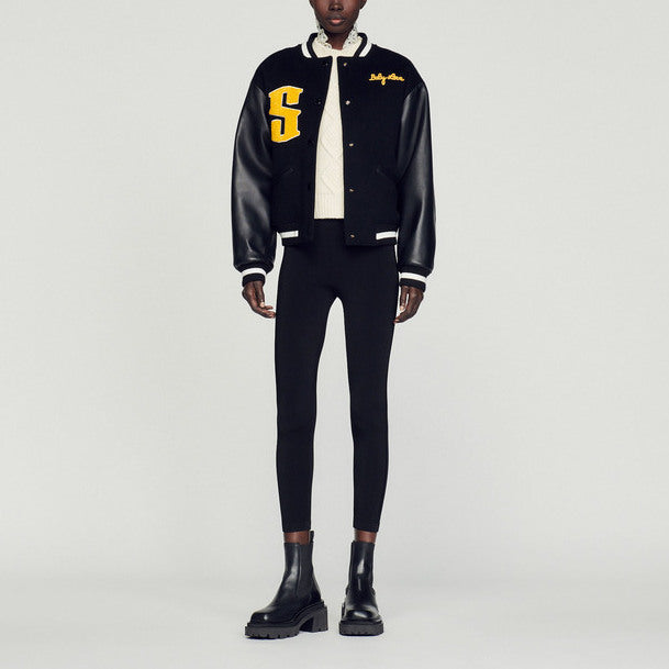 Blouson teddy en laine et cuir Sandro seconde main