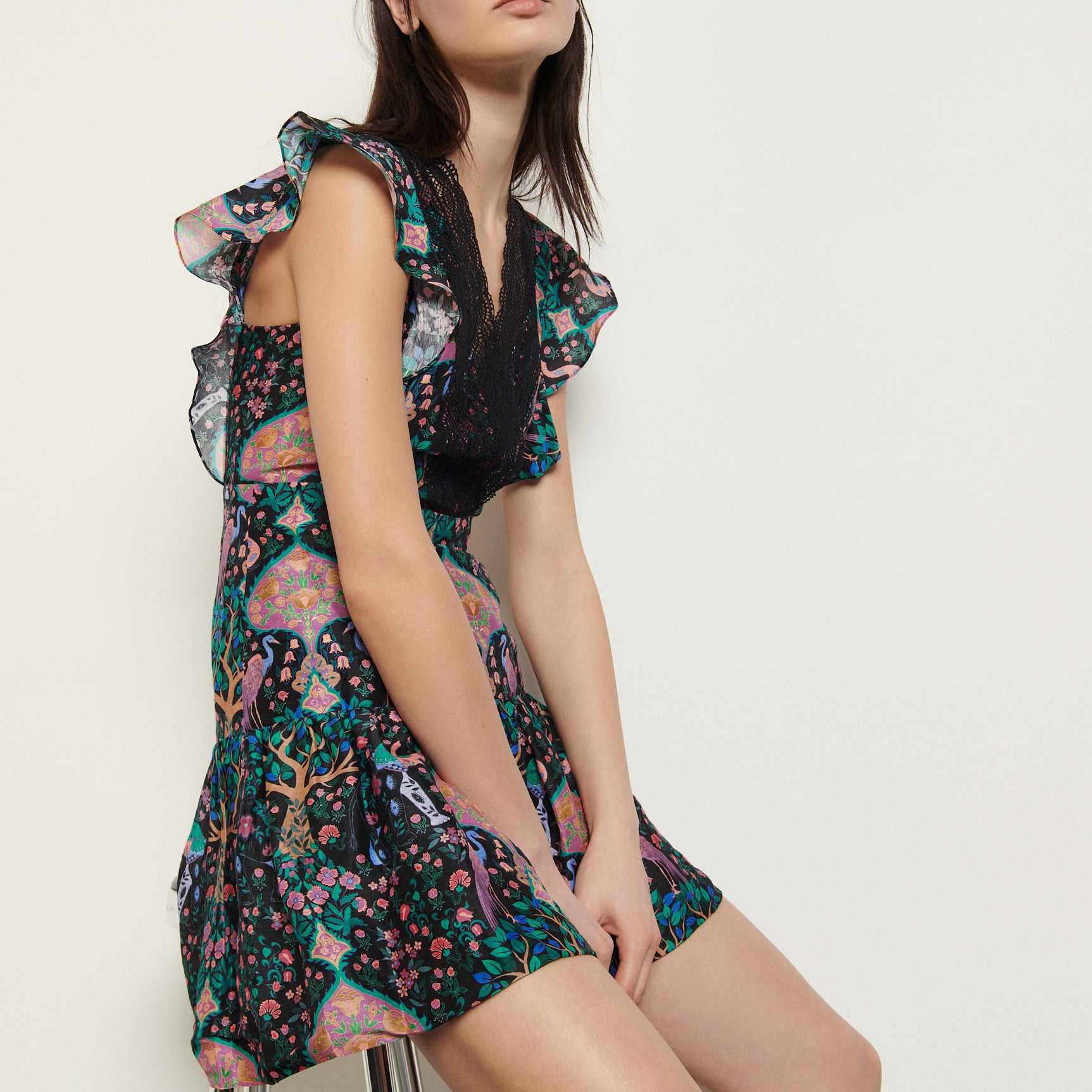 Robe courte imprimée avec dentelle Sandro seconde main