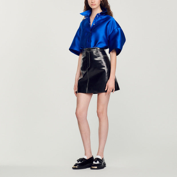 Jupe courte en cuir surpiqué Sandro seconde main