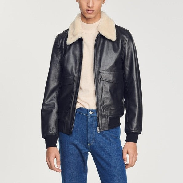 Blouson aviateur en cuir Sandro seconde main