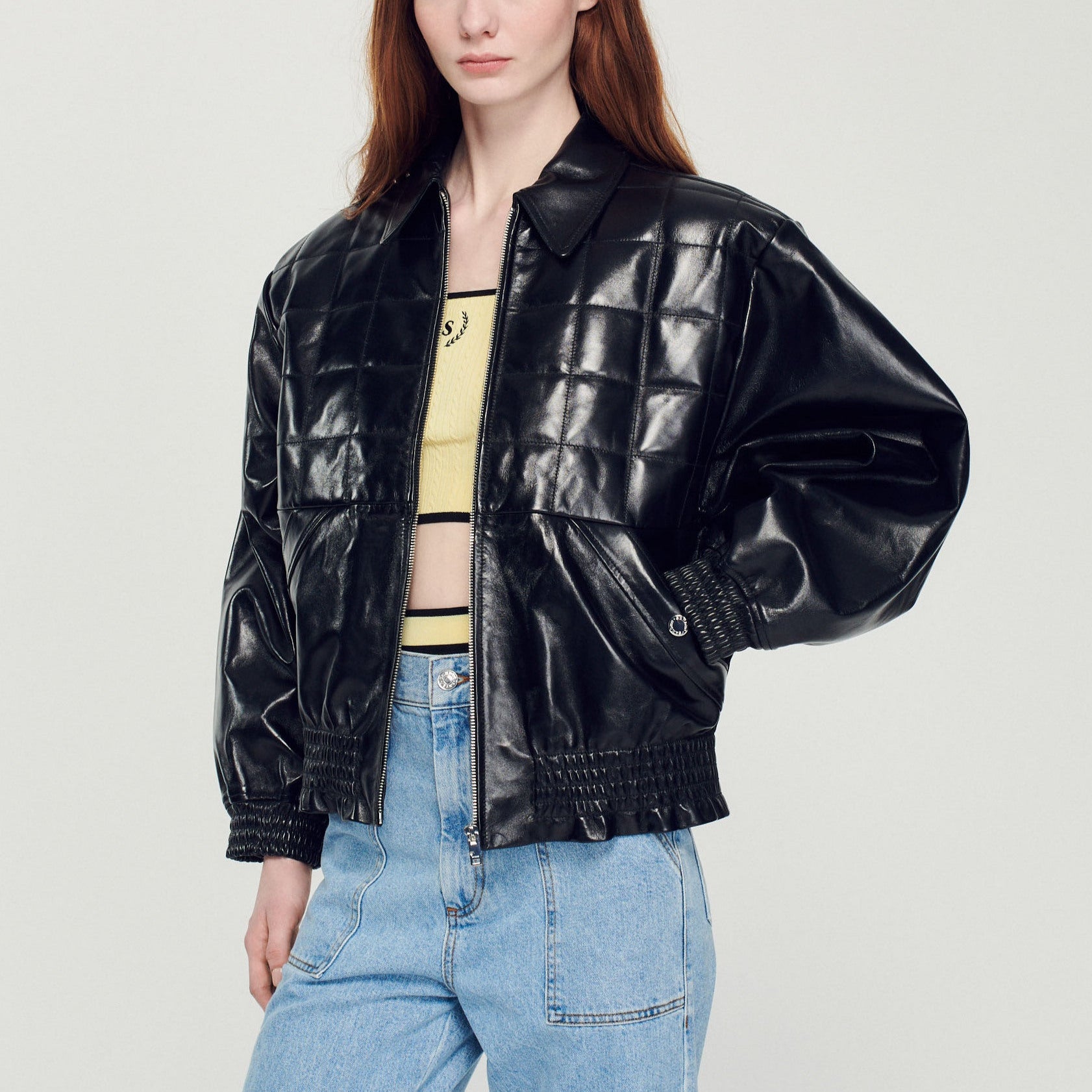 Veste en cuir lisse Sandro seconde main