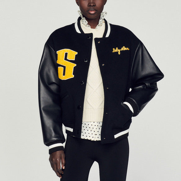 Blouson teddy en laine et cuir Sandro seconde main