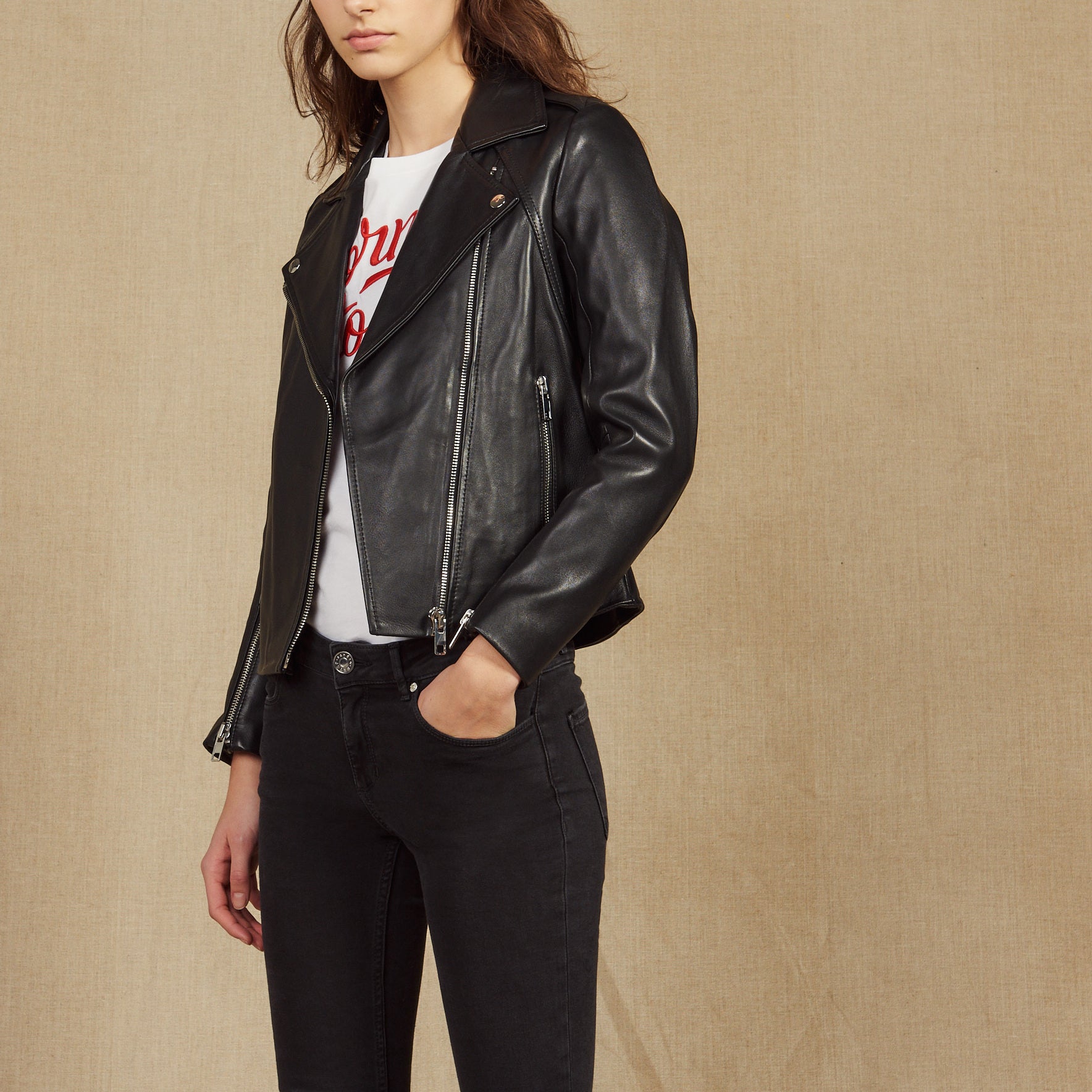 Blouson biker en cuir Sandro seconde main