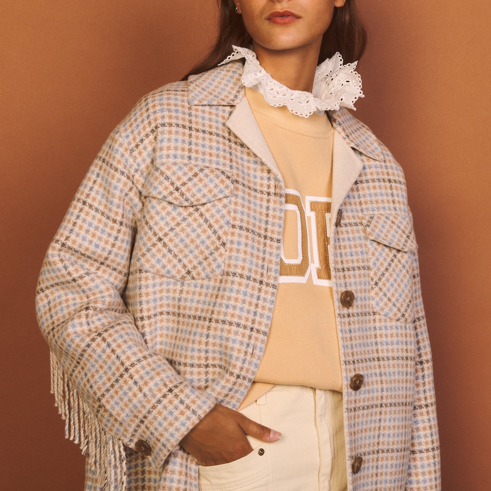 Manteau sur Chemise frangé en laine Sandro seconde main