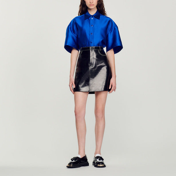 Jupe courte en cuir surpiqué Sandro seconde main